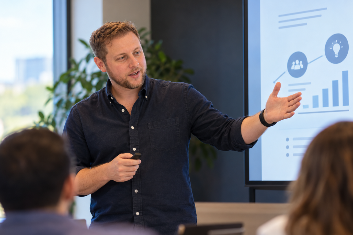 Jeffrey Persek presenting a product strategy to colleagues