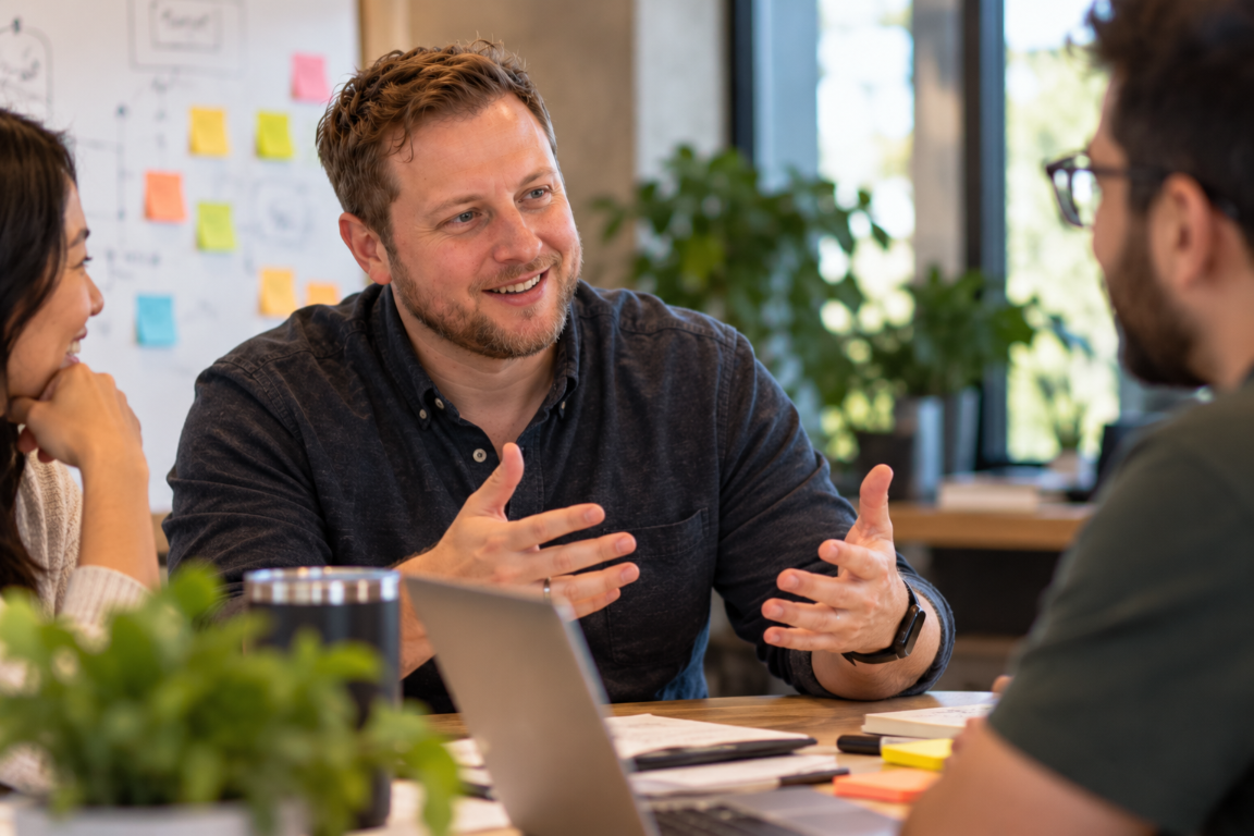 Jeffrey Persek discussing ideas with colleagues