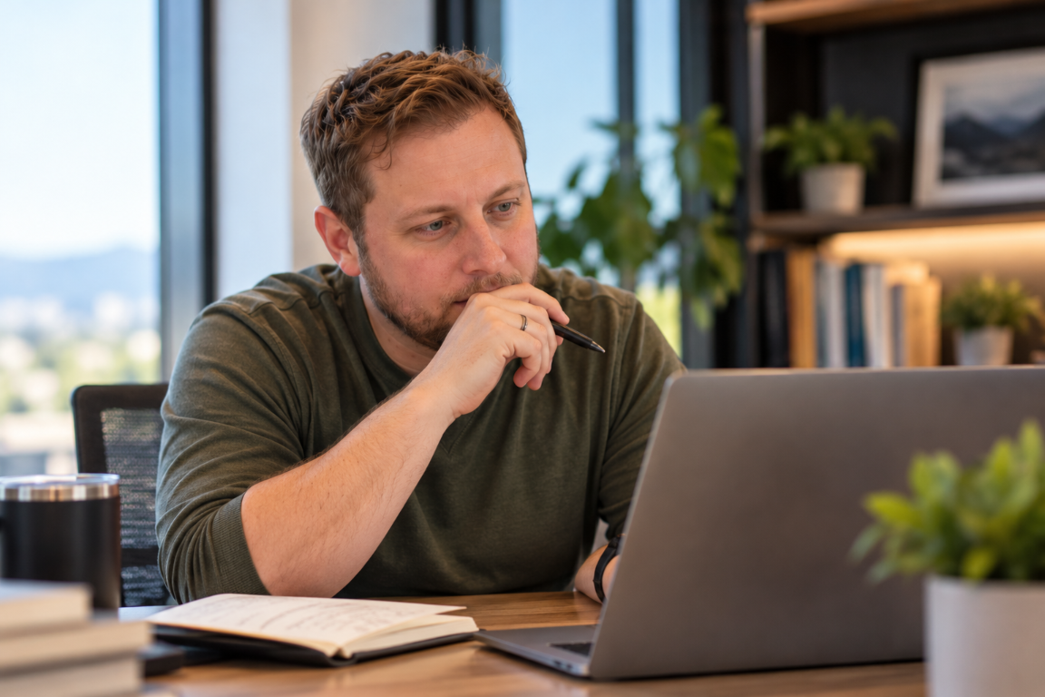 Jeffrey Persek working thoughtfully at his laptop